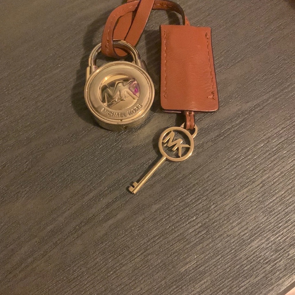 Michael Kors Tan Leather Key & Padlock Charm with Gold-Tone MK Key